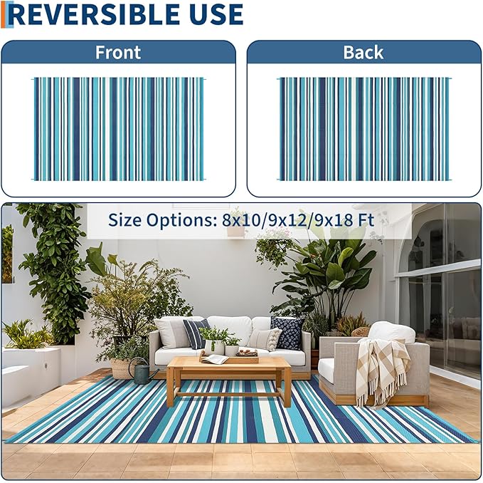 Waterproof Plastic Straw Outdoor Rug 9x18 Patio Reversible UV Resistant Foldable Camping Carpet Colorful Line Large Outdoor Rugs for Deck, Picnic, Porch, Camper, Balcony, Beach，Blue