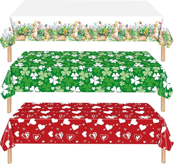 3 Pieces 54 x 108 Inches Valentine's Day, St. Patrick's Day, and Easter Tablecloth Set - Disposable Plastic Table Covers Decorations with Heart, Shamrock, and Bunny Designs for Spring Party Supplies