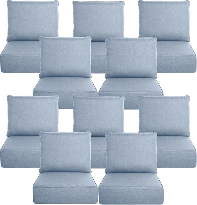 Belord Luxury 6" Thick Outdoor Cushion 10 Set - 24 x24 Inch 28D Sponge Filling Fade-Resistant Chair Cushion, Spill Proof Removable Patio Furniture Replacement Cushion for Sofa Bench Swing - Baby Blue