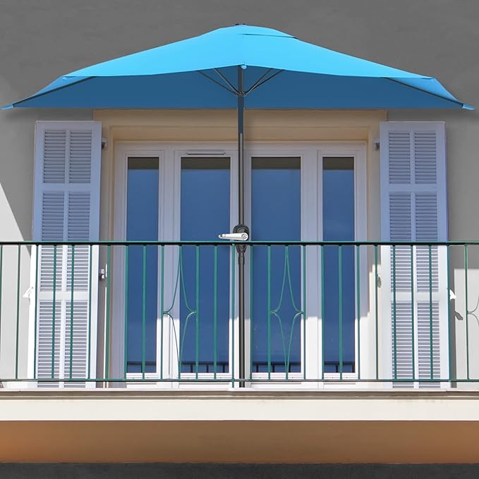 9-Ft Half Patio Umbrella Easy Crank Semicircle Balcony Shade with 20lb Weighted Base for Deck, Porch, or Against a Wall by Pure Garden (Bright Blue)