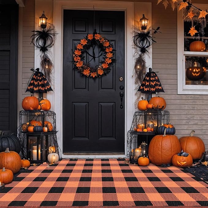 Tinideya 4' x 6' Thanksgiving Plastic Straw Outdoor Rug Waterproof Plaid Buffalo Front Doormat Porch Mat Patio Deck Mat for Outside Indoor Garden Lawn Balcony Holiday Decorations(Orange and Black)
