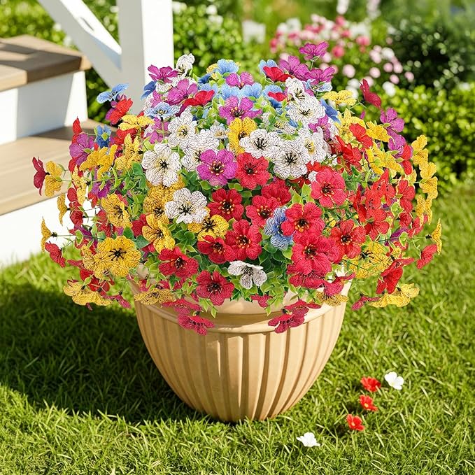 Artificial Spring Flowers Outdoor Faux Plants UV Resistant Fake Patio Flowers Plastic Greenery Plnats Outside Bulk for Spring Garden Hanging Planter Home Vase Decor, 24 Bundles (Multicolor)