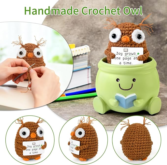 Book Lover Gift Set - Cute Reading Planter Pot with Positive Crochet Owl & Quote Card, Cozy Desk Decor for Teachers, Librarians, Women, Colleague, Friends