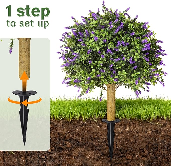 Set of 2 Artificial Lavender Topiary with Spike,Fake Plants Boxwood Balls Greenery Shrubs,UV Resistant Artificial Push in Flowers Bushes for Outdoor Front Porch Decor,Home Faux Plants Indoor