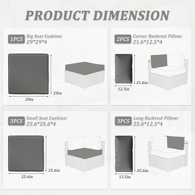 Patio Furniture Cushions, Replacement Outdoor Cushions for 4-Seat Patio Furniture, Waterproof Cushions for Outdoor Sectional Sofa Couch, Light Grey