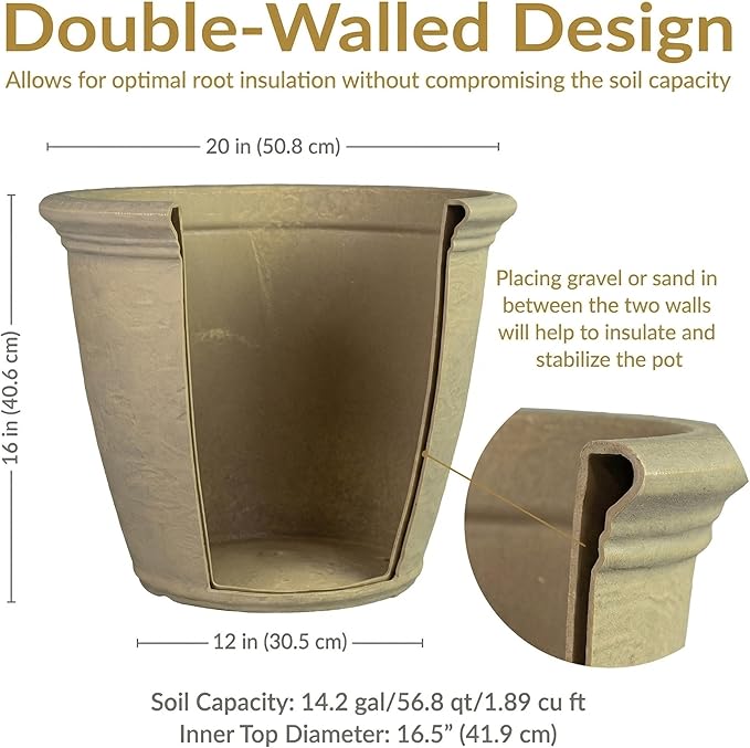 Sunnydaze 20-Inch Anjelica Large Plastic Pot for Plants - Outdoor Double-Walled Large Plastic Planter with Drillable Drainage Holes- Beige