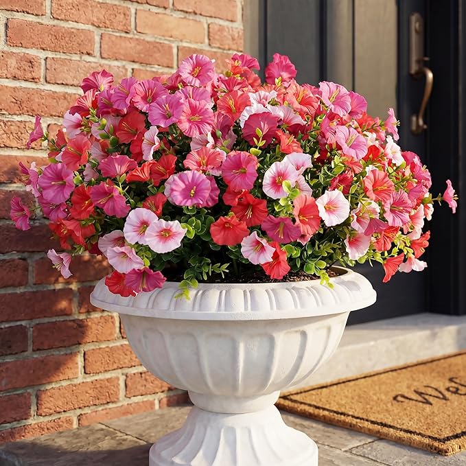 12Pcs Artificial Outdoor Flowers for Outdoors, Faux Silk Realistic Morning Glory Floral Arrangement Planter UV Resistant for Porch Patio Window Box Balcony Garden Decor (12pcs Mixed Pink)