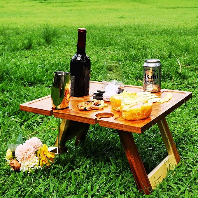 Portable Wine Picnic Table, Acacia Wood, Larger Tray Foldable, Charcuterie Board, Wine Gift, Decor for Romantic Camping, Engagement Party, Concerts, Glamping, Winter Adventure