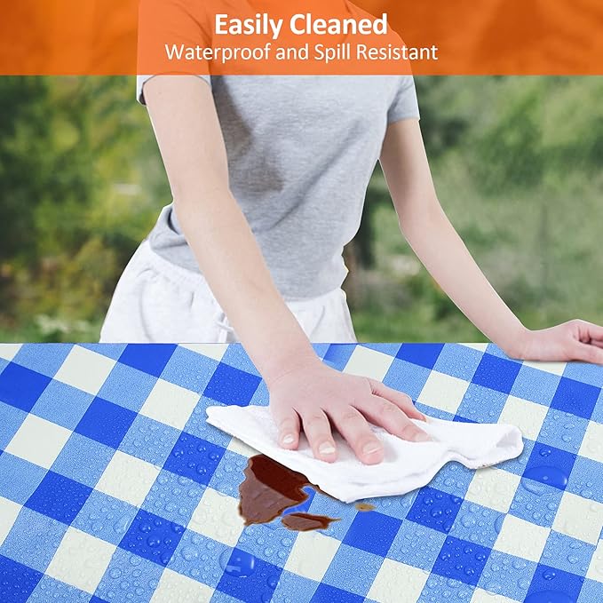 KENOBEE 6ft Picnic Table and Bench Cover, Camping Essentials RV Gear, 72in Waterproof Windproof Outdoor Elastic All Around Tablecloth, Fitted Rectangle Tables and Seats, Blue-White Checkered