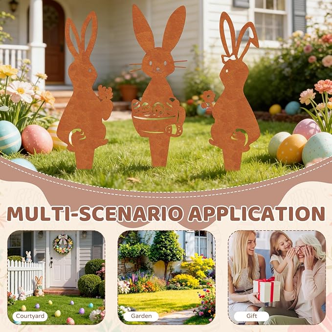 Easter Metal Bunny Garden Stake Outdoor 3 Pack Realistic Rust Rabbit Decorative Metal Garden Statues Stakes Yard Art Ornament Easter Bunny Stake Sign for Flowerbeds Planters Patios Lawn