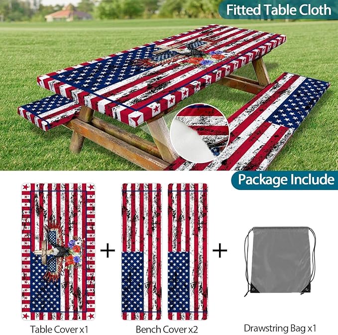 Picnic Table Cover with Bench Covers Elastic Edges, American Flag Eagle Fitted Table Cover, Camping Outdoor Patio Essentials 96 Inch 3PCS Fitted Tablecloth with Drawstring Bag