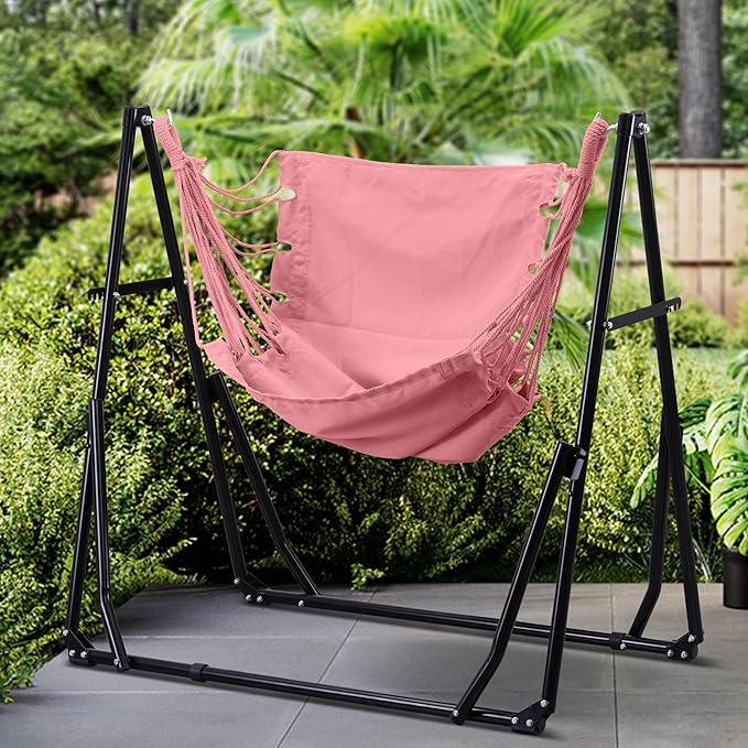 Ainfox Hammock with Foldable Stand, 2 in 1 Hammock and Swinging Chair with Carrying Bag, Portable Camping Chair Suitable for Outside, Swing,Patio,Garden,Camping Trip Pink