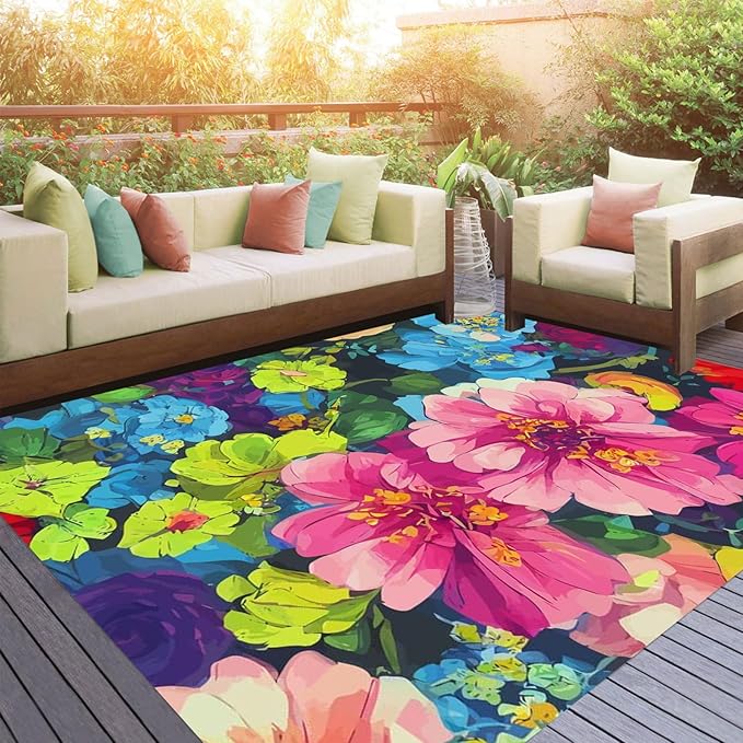 Blue Green Art Deco Floral Flower Pattern Modern Outdoor Rug 3x8 Waterproof Washable Boho Patio Deck Porch Large Area Rug Non Slip Cute Outside Carpet for Garden Camping Backyard