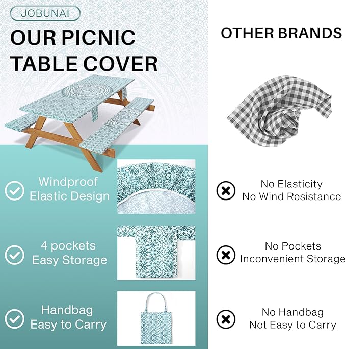Fitted 8Ft Picnic Table Cover with Chair Covers Elastic Polyester Stain Resistant Reusable Camping Table Cloth Patio Family Glamping Things Hiking Rv Traveling Needs Gifts for Grandparents