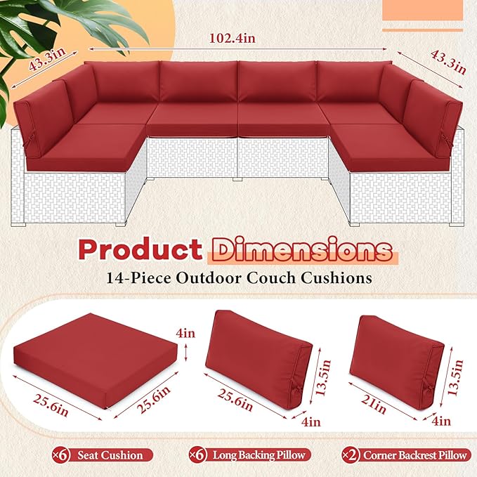 Patelai 14 Piece Outdoor Furniture Replacement Cushions Fits 6 Seat Patio Sectional Cushions Set Waterproof Couch Replacement Sofa Liner Cover for Porch Garden Balcony(Red)