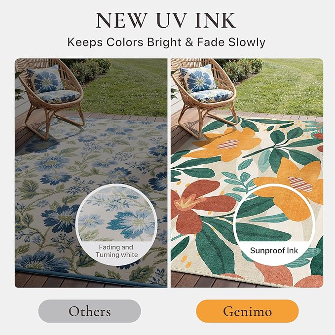 GENIMO Indoor Outdoor Area Rug 8'x10', Machine Washable Rugs for Patio, Waterproof, Non-Slip Easy Cleaning Floral Outdoor Mat Carpet for Living Room, Bedroom, RV, Balcony, Deck, Camping,Sage Orange