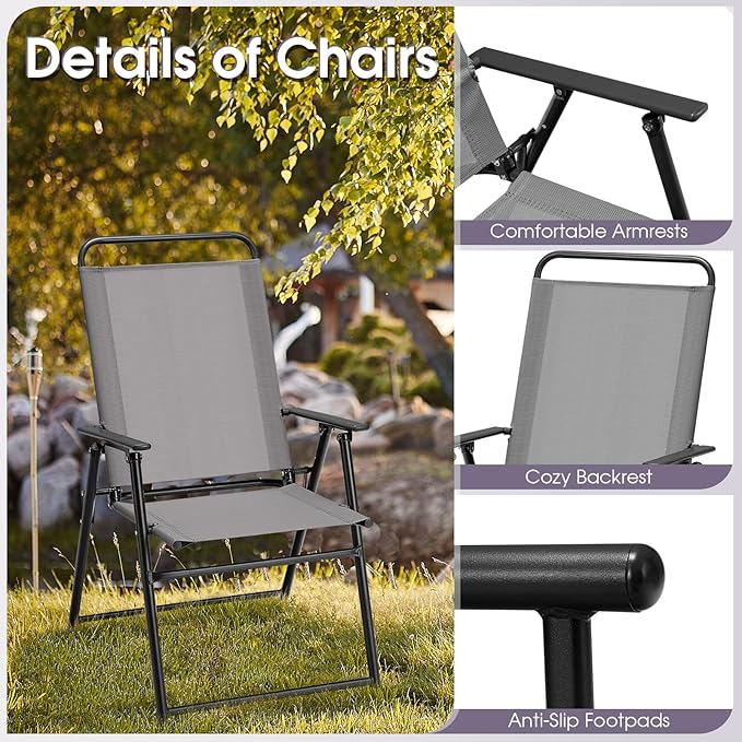 Giantex Patio Chairs Set of 2, Outdoor Folding Chairs with Armrests, Metal Frame, Outside Foldable Dining Chairs for Lawn Deck Porch Beach Yard (Gray & Black)