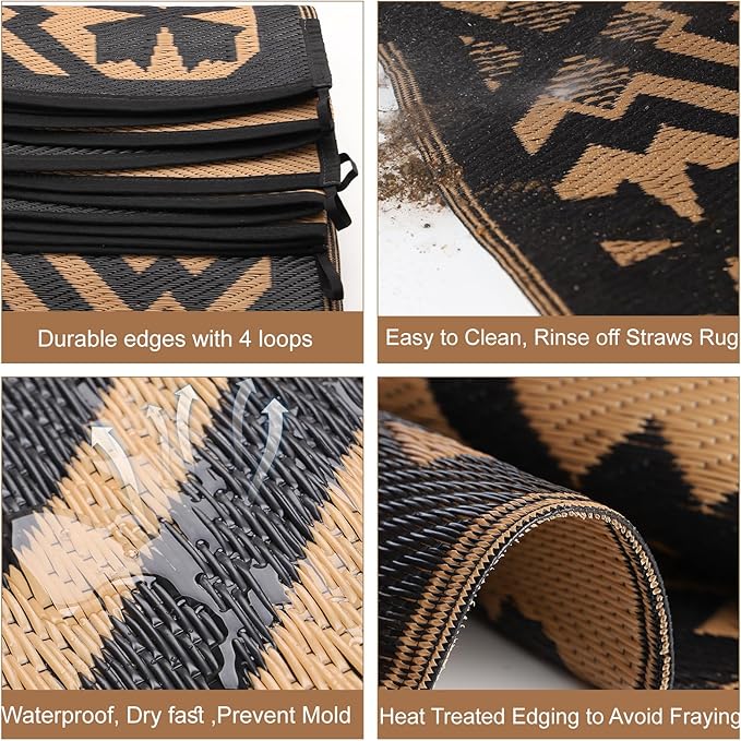 Tent Rug,Tent MatOutdoor Rugs Clearance Waterproof Camping Rug for Outside Your Rv Plastic Straw Black Reversible Outside Mat Durable Edges Patio,Porch,Rv Camping Mat