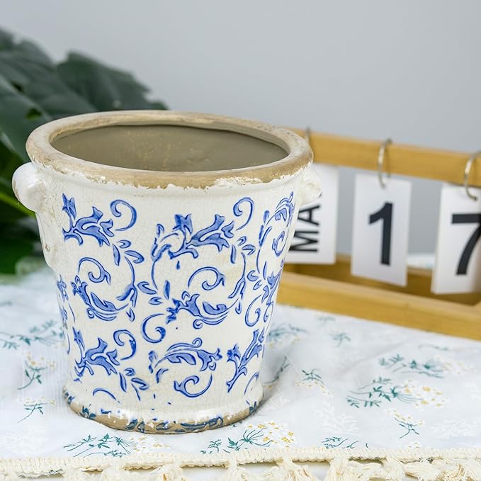 Vintage Ceramic Flower Pot with Drainage Holes and Handle,Ice Crack Country Rustic Planters for Indoor Outdoor,Tuscan Decor,Home and Garden Decor,Gardening Present