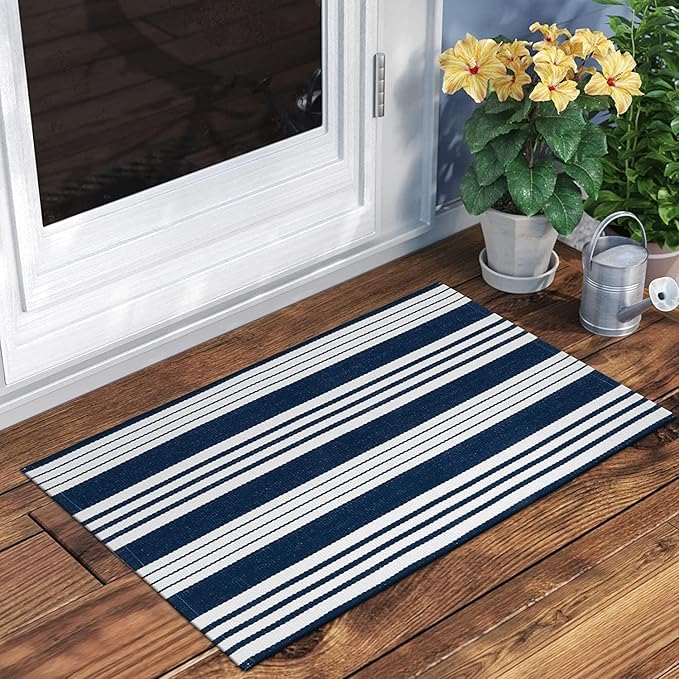 OJIA Front Door Mats Outdoor 2'x3' Striped Front Door Rug Washable Door Mats Cotton Woven Indoor Outdoor Rugs Farmhouse Small Area Rug Layered Doormat for Porch/Entryway/Kitchen/Home Entrance Decor