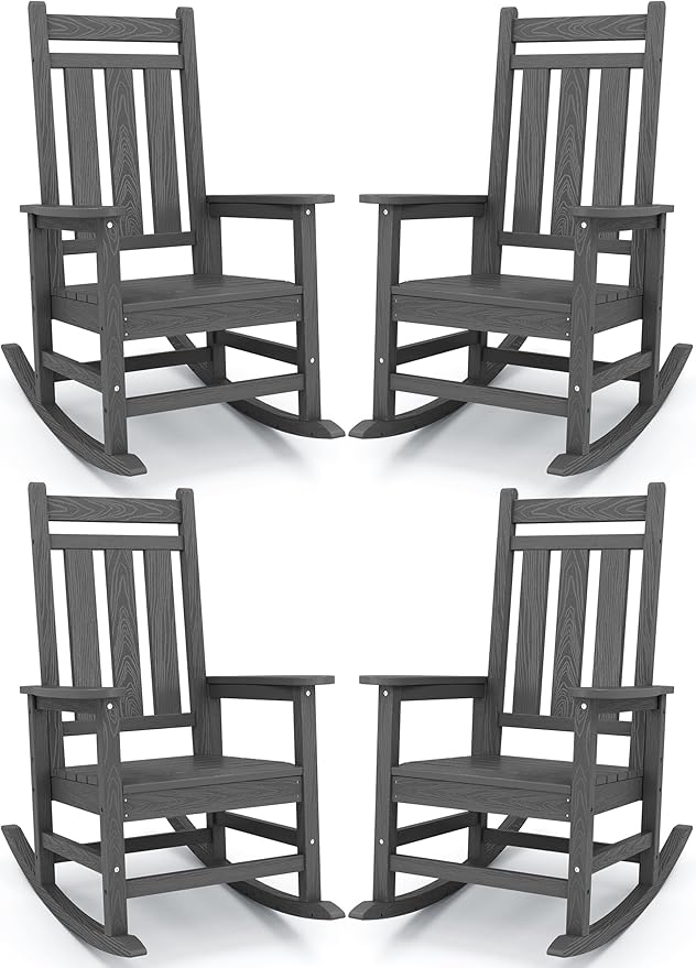 KINGYES Outdoor Rocking Chair Set of 4, All-Weather Patio Rocking Chairs for Porch, HDPE Rocking Outdoor Chairs with High Back for Adult, Heavy Duty Outdoor Patio Rockers for Garden, Lawn, Gray