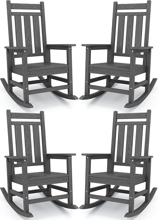 KINGYES Outdoor Rocking Chair Set of 4, All-Weather Patio Rocking Chairs for Porch, HDPE Rocking Outdoor Chairs with High Back for Adult, Heavy Duty Outdoor Patio Rockers for Garden, Lawn, Gray
