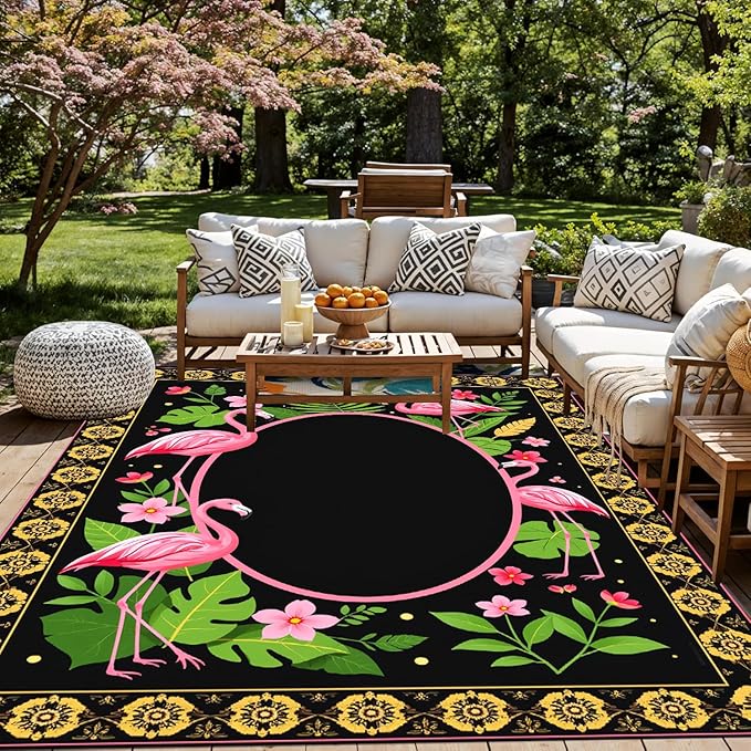 10x12 Black Gold Pink Green Luxury Tropical Floral Outdoor Patio Rug with Flamingo Flower Monstera Print 3D Border Washable Waterproof Outside Carpet for Deck Balcony Porch Garden Pool RV Camping
