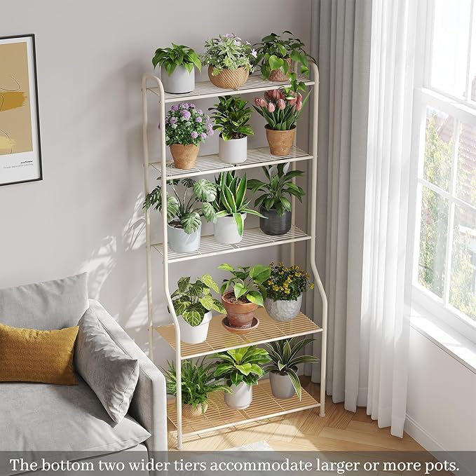 Plant Stand Indoor Outdoor for Multiple Plants, 5 Tier Tall Heavy Duty Metal Shelf, Large Flower Pot Holder Ladder for Garden, Patio, Living Room, Balcony, White