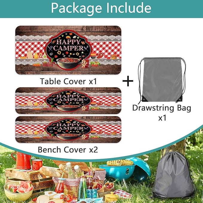 Happy Camper Picnic Table Cover with Bench Covers Elastic Edges, Wooden Red Plaid Fitted Table Cover, Outdoor Patio Camping Essentials 96 Inch 3PCS, Waterproof Fitted Tablecloth with Drawstring Bag