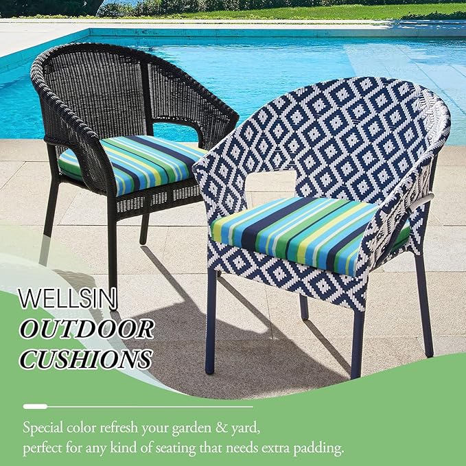 Wellsin Outdoor Chair Cushions for Patio Furniture - Patio Chair Cushions Set of 2 - Water Resistant Round Corner Outdoor Seat Cushions 17"X16"X2", Stripe 01