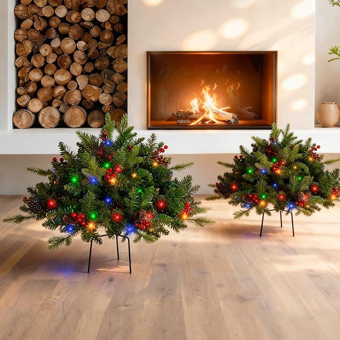 JOYHALO 2 Pack Set 30Inch Christmas Urn Filler with 40 Lights in Warm White and Multicolor, Christmas Pot Fillers with PVC&PE Branches, Outdoor Xmas Trees for Porch Pathway Entryway Yard Decorations