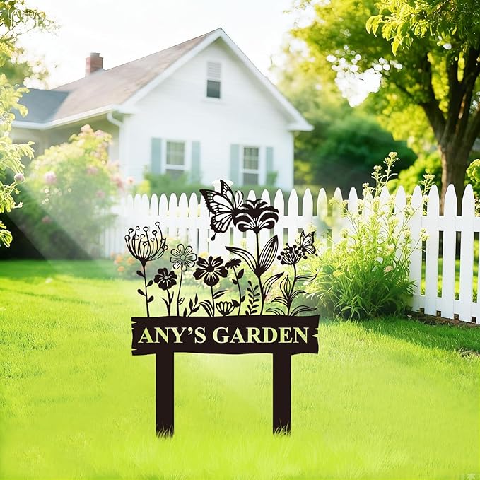Personalized Metal Garden Sign, Custom Flower Decor with Stake, Butterfly Metal Yard Art, Garden Name Sign,Outdoor Decor,Patio Decoration,Home Present,Gardeners & Planters Gift