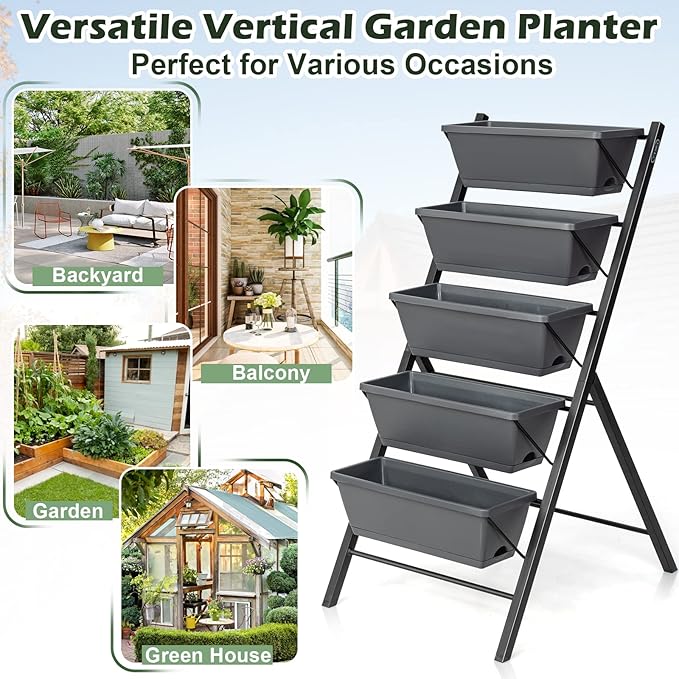 S AFSTAR 5-Tier Vertical Garden Planter, 5-Layer Raised Garden Bed with 5 Detachable Planter Boxes & Metal Frame, Indoor Outdoor Elevated Planting Containers for Flower Vegetables Fruit Herbs