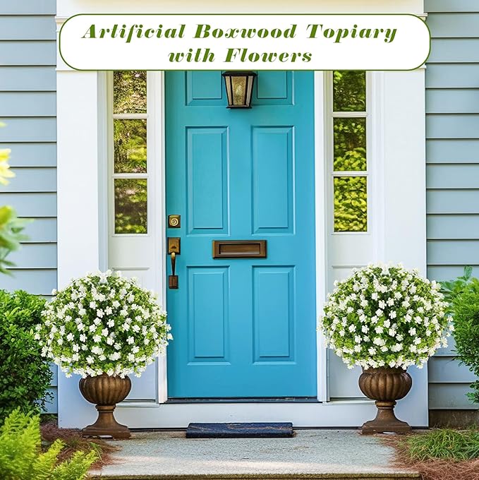Yunlly 2 Pcs Outdoor Artificial Topiary Ball Trees 22" with Colorful Flowers, Boxwood Fake Bushes Shrubs with Spike, UV Resistant Evergreen Plants for Front Porch Garden Decor (White)