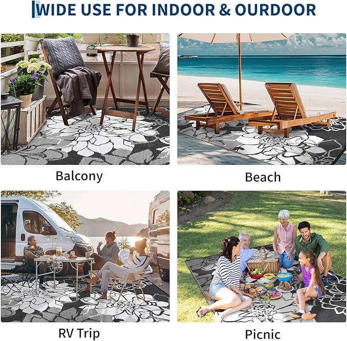 COZYLOOM Large Outdoor Rug 9x18 Waterproof Plastic Straw Rug for Patio, Reversible Modern Floral Camping Mat with Portable Bag & Stakes, Foldable & UV Resistant, Outdoor Carpet for Yard Deck, Black