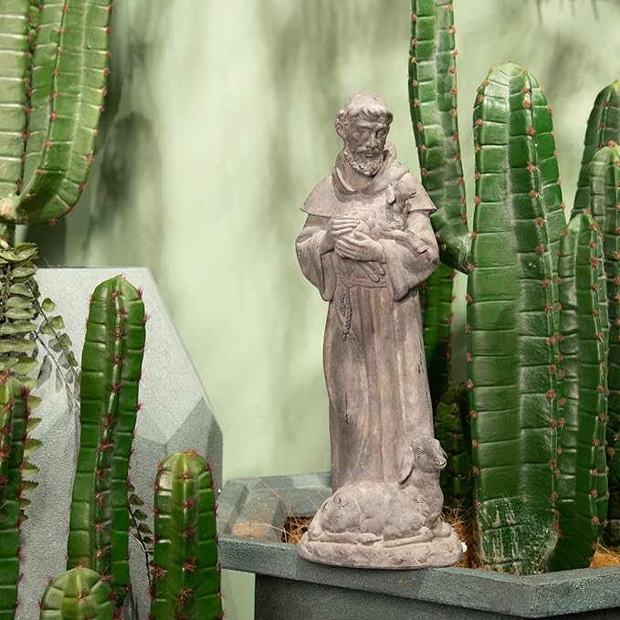 Newman House Studio Vintage St Francis Garden Statue - 15.2 Inch Resin Patron of Animal Figurine Saint Francis Sculpture with Sheep for Garden Decor