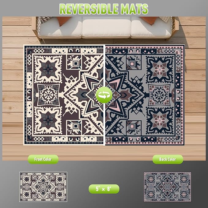 WILDROOTS 5x8 Feet Yunjin Pattern Plastic Outdoor Rug, Stain Resistant Waterproof Reversible Outdoor Patio Rug, Fade Resistant Camping Rug
