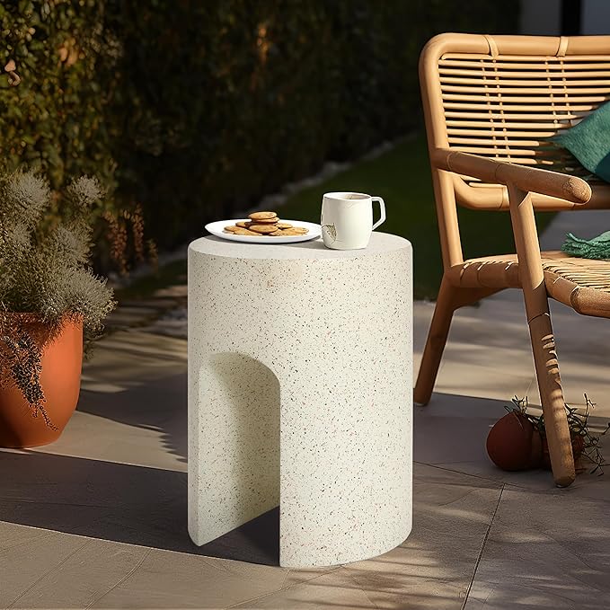 LuxenHome Mod Cream Cement Round with U-Shape Outdoor Side Table, Set of 2
