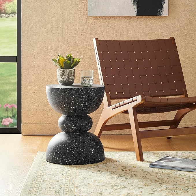 Glitzhome Decorative Patio Side Table Set of 2, 17.5" H Heavy Duty Patio Sturdy Black Faux Terrazzo Garden Stool Side Table Planter Stand for Indoor Covered Outdoor