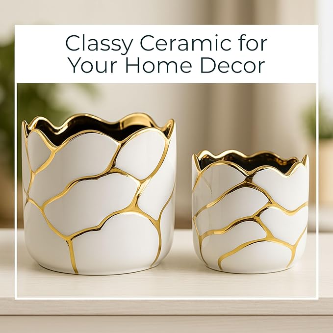 Set of 2 Plant Pots for Indoor Plants – Ceramic Planters with Gold Accents, Decorative Pots for Home Decor, Modern Indoor/Outdoor Ceramic Planter Set, Stylish Pot for Plants – 6/7", White