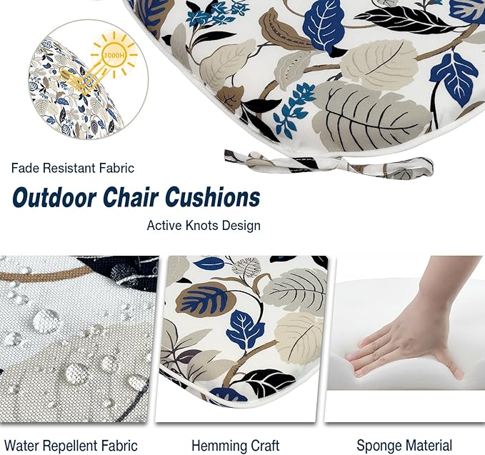 Outdoor Chair Cushions Set of 4, Water Resistant Patio Chair Pads with Ties, Seat Cushions for Home Garden Furniture Decoration, 16"x17",Breeze Leaves Beige