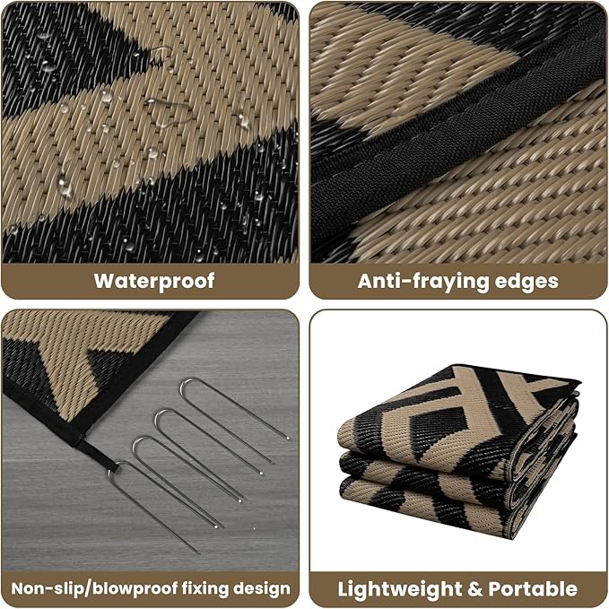 9x12 Outdoor Patio Rug with Carry Bag, Waterproof Outdoor Plastic Straw Rug RV Camping Rug, Reversible Picnic Mat Outside Carpet for Backyard, Campsite, Garden, Deck, Black & Beige