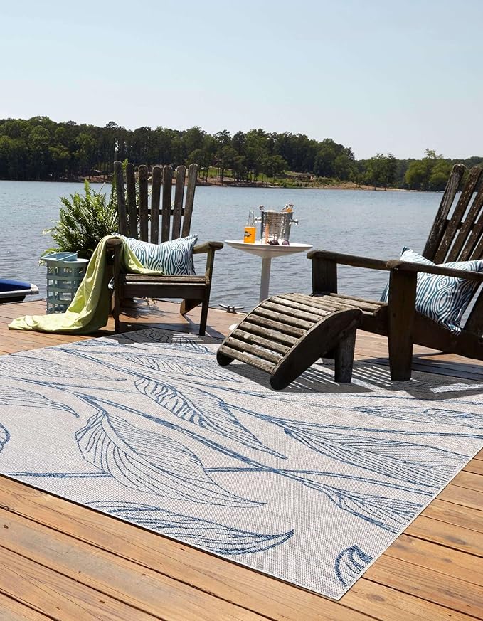 Unique Loom Outdoor Botanical Collection Area Rug - Leaf (10' 8" Square Light Gray/Ivory)