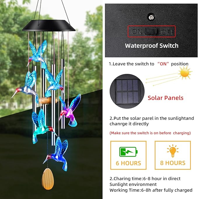 Wind Chimes,Hummingbird Solar Wind Chimes for Outside Color Changing,4 Aluminum Tubes Wind Bell for Garden/Patio Decor Thanksgiving Gifts for Mom, Wife, Grandma Neighbors(25 Inch Deep Tone)
