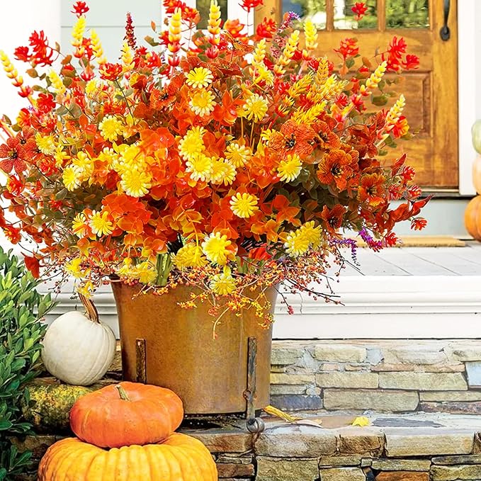 16 Bundles Fall Artificial Flowers for Outdoor, No Fade Faux Autumn Plants with Daisy Camellia Eucalyptus Lavender Stems for Front Door Porch Patio Yard Balcony Autumn Decor Thanksgiving Table