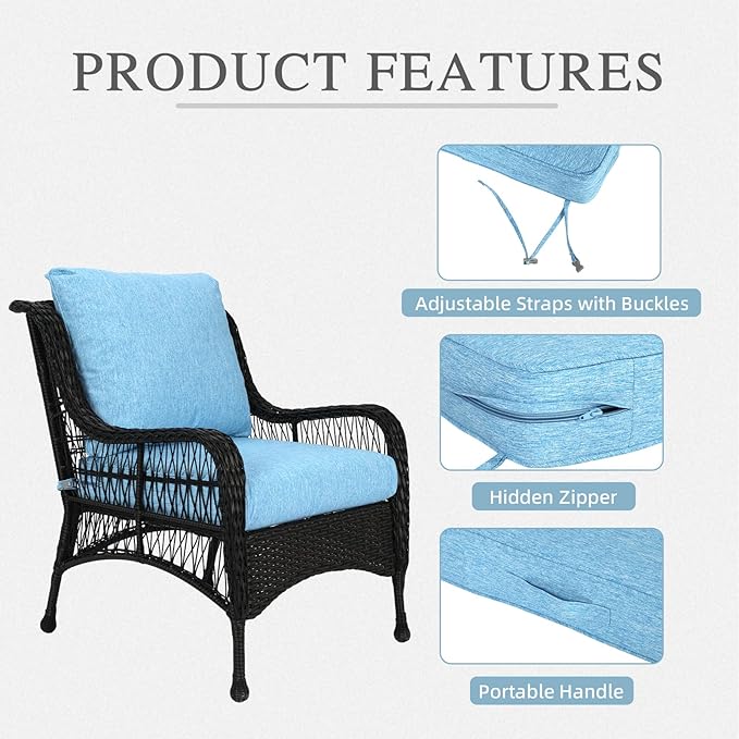 Aoodor 24" x 24" Patio Deep Seat Cushion Set, Water Resistant & Fade Resistant Outdoor Furniture Cushions with Adjustable Straps for Patio, Deck, Garden, Lake Blue