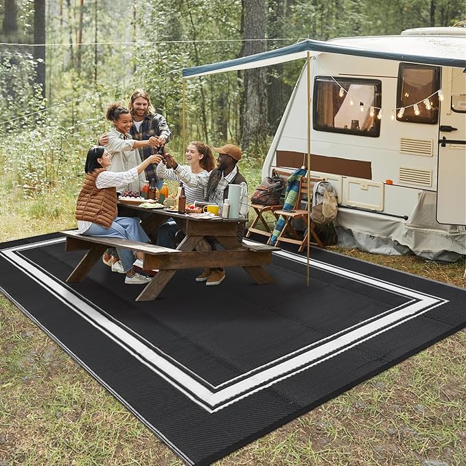COZYLOOM Outdoor Rug 8x10 Patio Rugs Waterproof Plastic Straw Rug Reversible UV Resistant Camping Mat, Foldable Lightweight RV Picnic Mat with Portable Bag, Modern Border Outdoor Carpet for Yard,Black