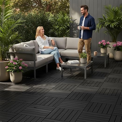 Acacia Wood Patio Deck Tiles - 27 Pcs 12 Slats Interlocking Decking Tiles for Patio Decor, Waterproof Indoor & Outdoor Use, Garden Decking Tile (12.2 x 12.2 x 0.7) - Black