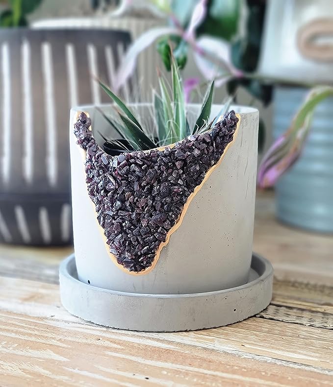 4 Inch Crystal Plant Pot with Saucer - Cement Geode Planter - Concrete Pots for Plants - Modern Succulent Pot Indoor - Unique Air Plant Holder - Candle Holder - Small Plant Home Decor (Red Garnet)