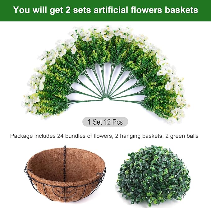 2 Set Artificial Hanging Flowers Baskets for Outdoors Faux Spring Plants, 24 Pcs UV Resistant Faux Silk White Morning Glory with 2 Outdoor Hanging Planters Realistic for Outside Porch Patio Decor